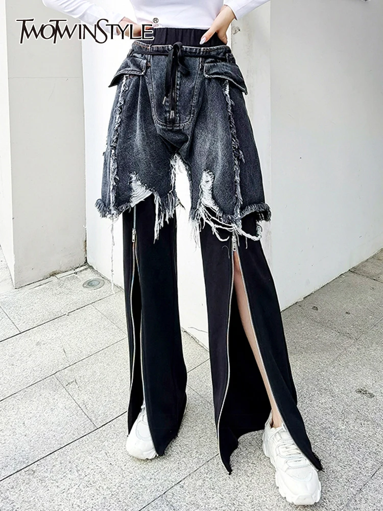 TWOTWINSTYLE Patchwork Fake Two Piece Wide Leg Pants For Women High Waist Loose Streetwear Trousers Female Fashion Clothing 2022
TWOTWINSTYLE Patchwork Fake Two Piece Wide Leg Pants For Women High Waist Loose Streetwear Trousers Female Fashion Clothing 2022