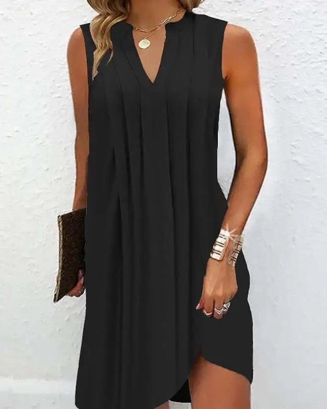 

Women's Dress 2023 Summer Fashion Notch Solid color Neck Ruched Casual Plain Sleeveless Daily Mini Straight Dresses Y2K Clothes