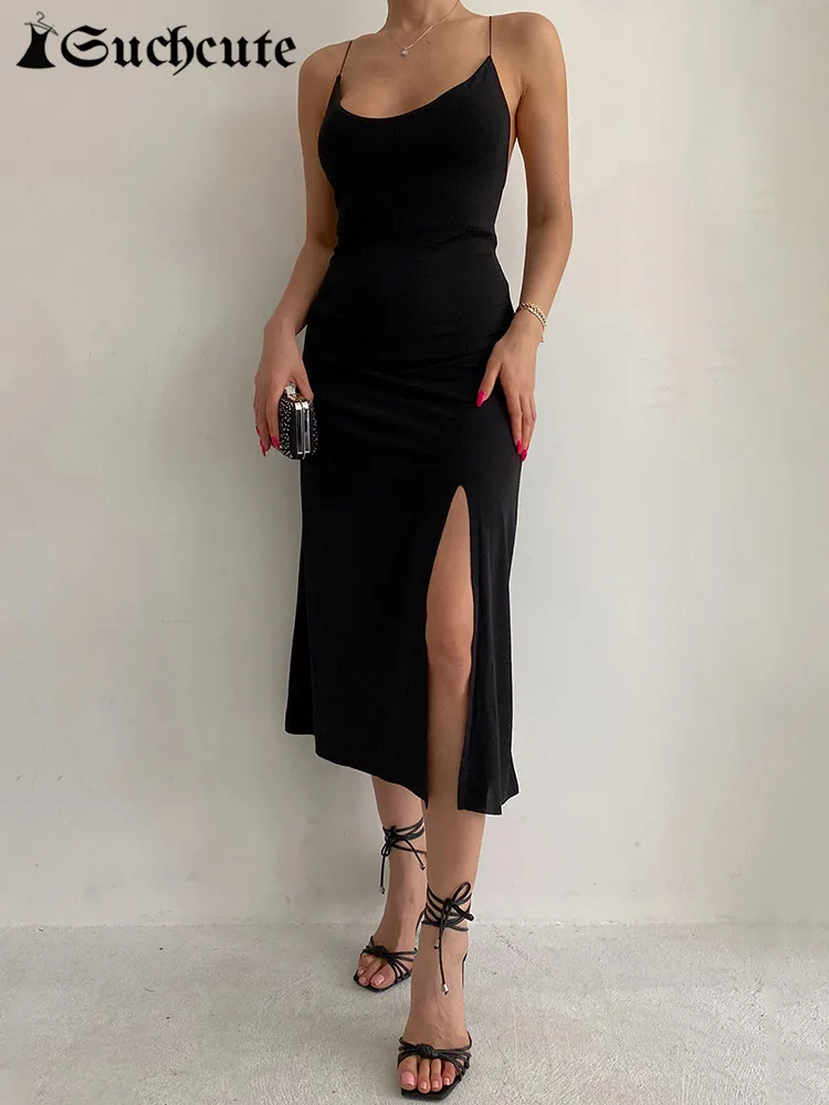 SUCHCUTE Elegant Solid Midi Dress Sexy Vintage Backless Split Women Party Dresses Fairycore Korean Black Clubwear Outfits Summer
SUCHCUTE Elegant Solid Midi Dress Sexy Vintage Backless Split Women Party Dresses Fairycore Korean Black Clubwear Outfits Summer