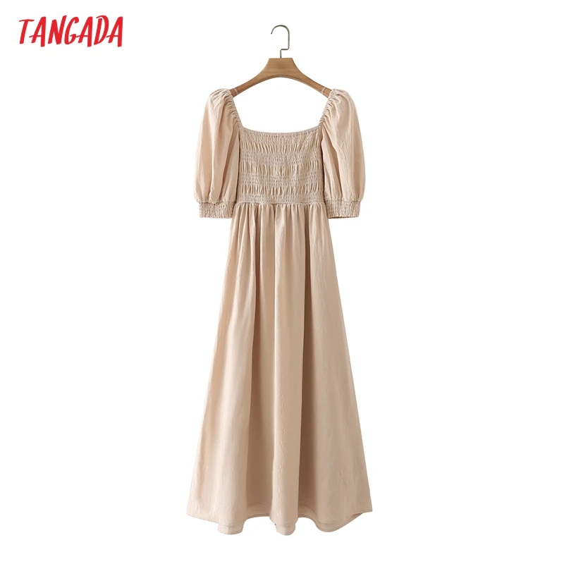 

Tangada 2021 Summer Women French Style Khaki Midi Dress Puff Short Sleeve Ladies Sundress 4T52