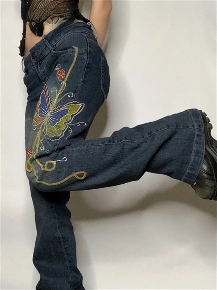 

Retro Butterfly Print Y2K Denim Jeans Low Waisted Grunge Vintage Cargo Trousers Fairycore Harajuku Fashion Pants