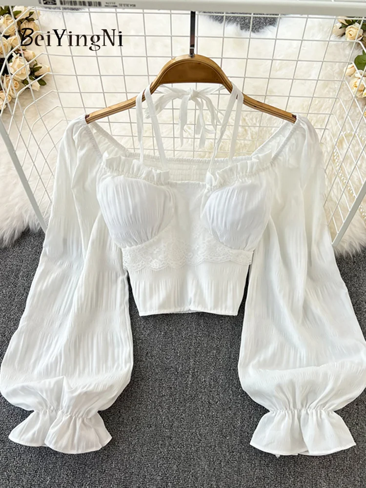 

Cropped Top exy Halter hirt Women Lantern leeve Lace Patchwork White Blua Woman tretched quare Collar Bloue
