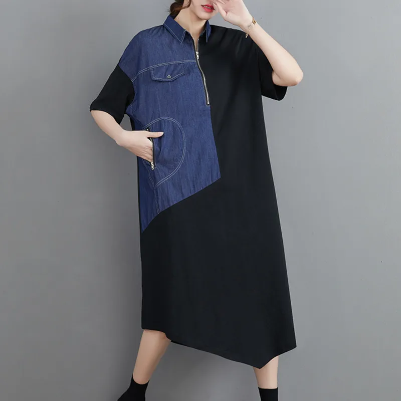 #3314 Denim Spliced Chiffon Asymmetrical Dress Women Turn-down Collar With Zipper Loose Midi Dress Female Loose Sexy Summer 2022
#3314 Denim Spliced Chiffon Asymmetrical Dress Women Turn-down Collar With Zipper Loose Midi Dress Female Loose Sexy Summer 2022
