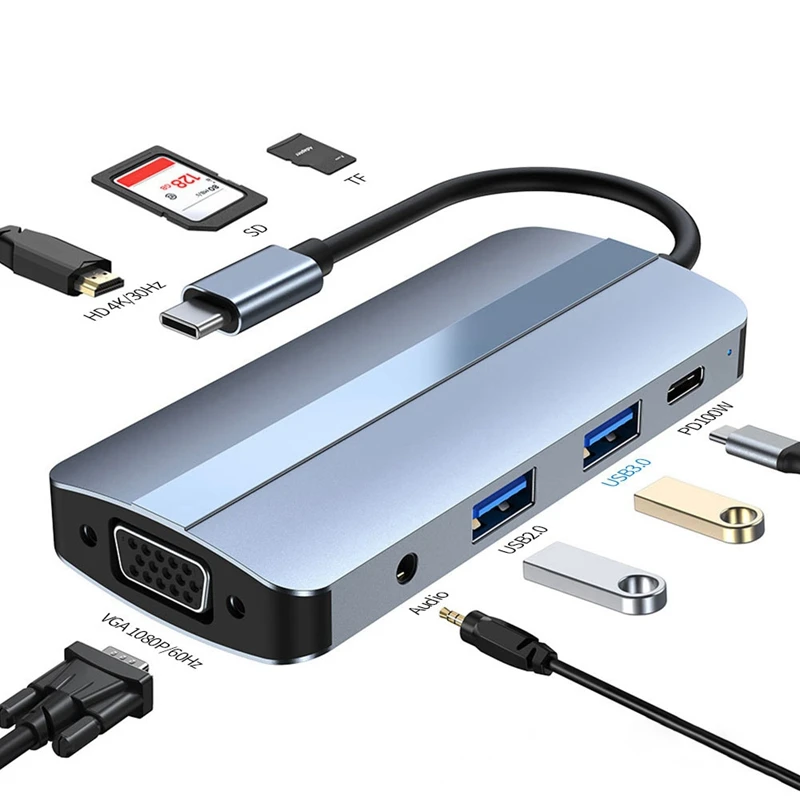 8 In 1 Type-C To HDMI+Vga+Pd+Sd+Tf+Auido+USB3.2+2.0 Expansion Dock For Apple Notebook
8 In 1 Type-C To HDMI+Vga+Pd+Sd+Tf+Auido+USB3.2+2.0 Expansion Dock For Apple Notebook