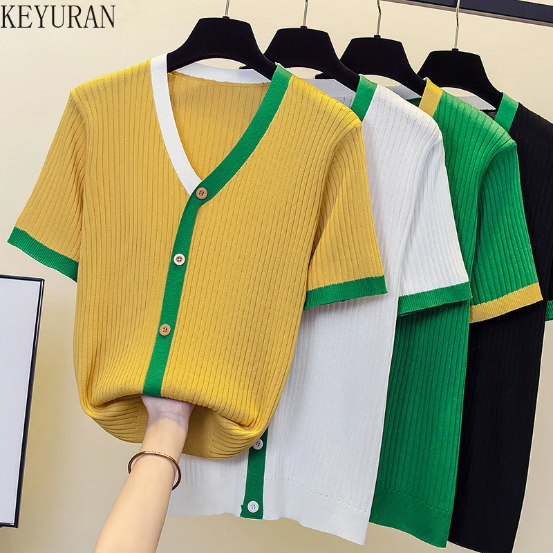 Oversize Womens Clothes Sweaters 2022 Summer New Loose V-Neck Knitted Short Sleeve T-Shirt Women Contrast Color Ice Silk Top
Oversize Womens Clothes Sweaters 2022 Summer New Loose V-Neck Knitted Short Sleeve T-Shirt Women Contrast Color Ice Silk Top