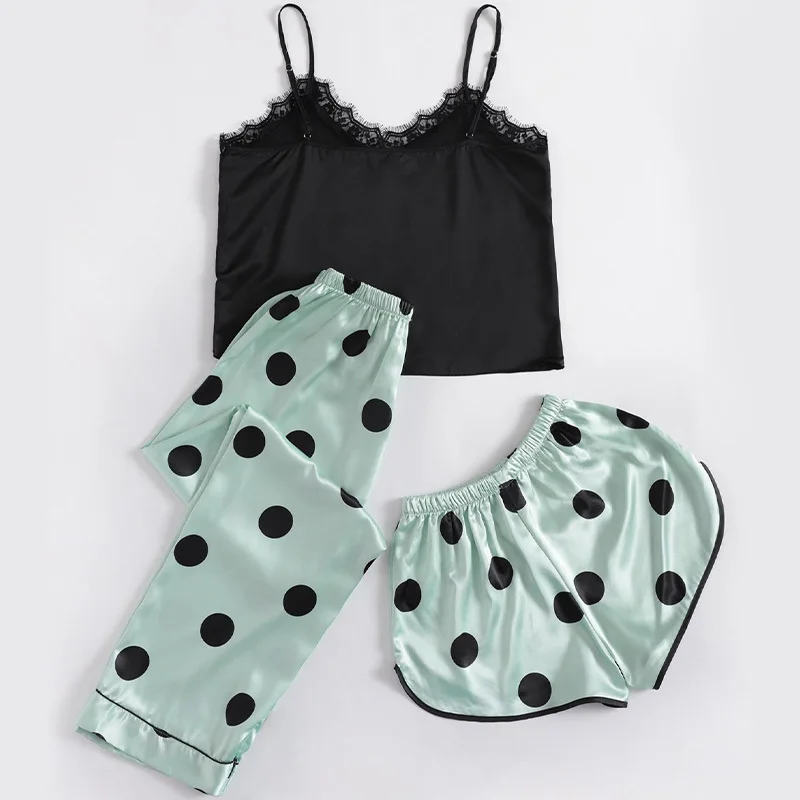 Strap Pajamas Set Women Satin Nightgown Lace Sleepwear With Trousers Summer V-Neck 3PCS Sling&Pants Sleep Suit Dot Print Pyjamas
Strap Pajamas Set Women Satin Nightgown Lace Sleepwear With Trousers Summer V-Neck 3PCS Sling&Pants Sleep Suit Dot Print Pyjamas