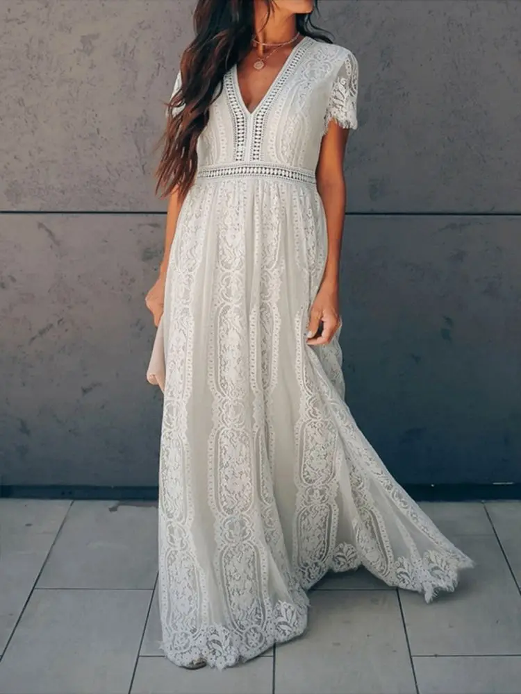 Lace Long Dress Women Sexy V Neck Short Sleeve Hollow Out Floral Lace Wedding Dress Party Boho Maxi Dress White Robe Femme
Lace Long Dress Women Sexy V Neck Short Sleeve Hollow Out Floral Lace Wedding Dress Party Boho Maxi Dress White Robe Femme
