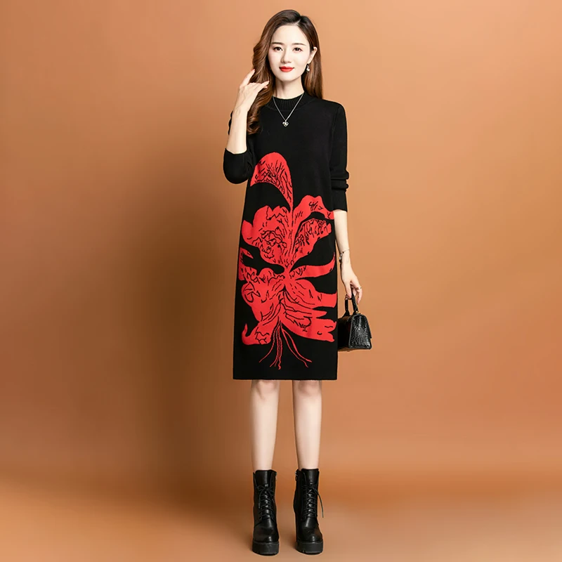 2022 Elegant Warm Printed Knitted Dress Womens Knee Length Stitching Half Turtleneck Loose with Coat Inner Sweater Midi Dresses
2022 Elegant Warm Printed Knitted Dress Womens Knee Length Stitching Half Turtleneck Loose with Coat Inner Sweater Midi Dresses