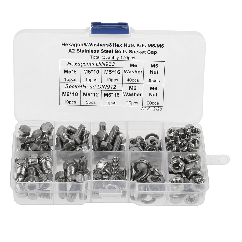 170pcs Stainless Steel M5/M6 Hex Socket Head Cap Screws Bolt Washers Nuts Kit Hex
170pcs Stainless Steel M5/M6 Hex Socket Head Cap Screws Bolt Washers Nuts Kit Hex