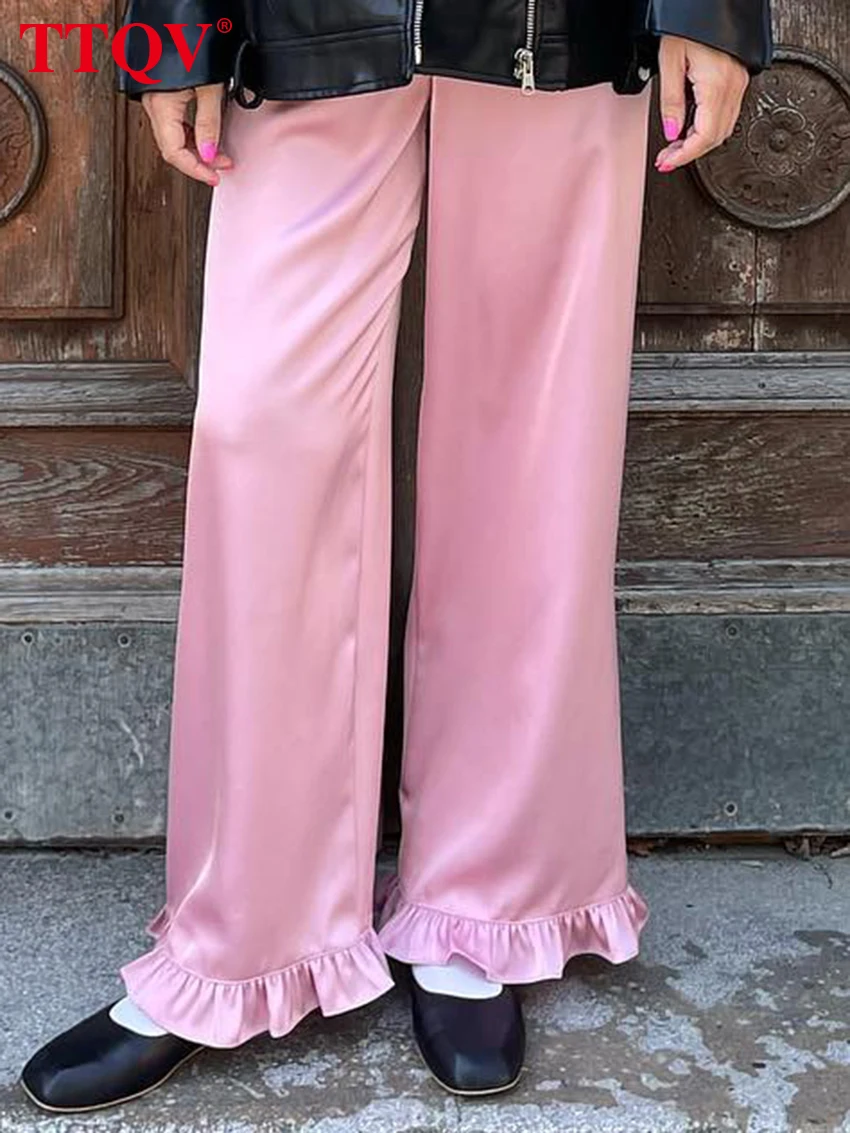 

TTQV Elegant Pink Satin Pants For Women 2023 Auutmn Solid Straight Ruffled Trousers Casual High Waist Ankle-Length Pants Female