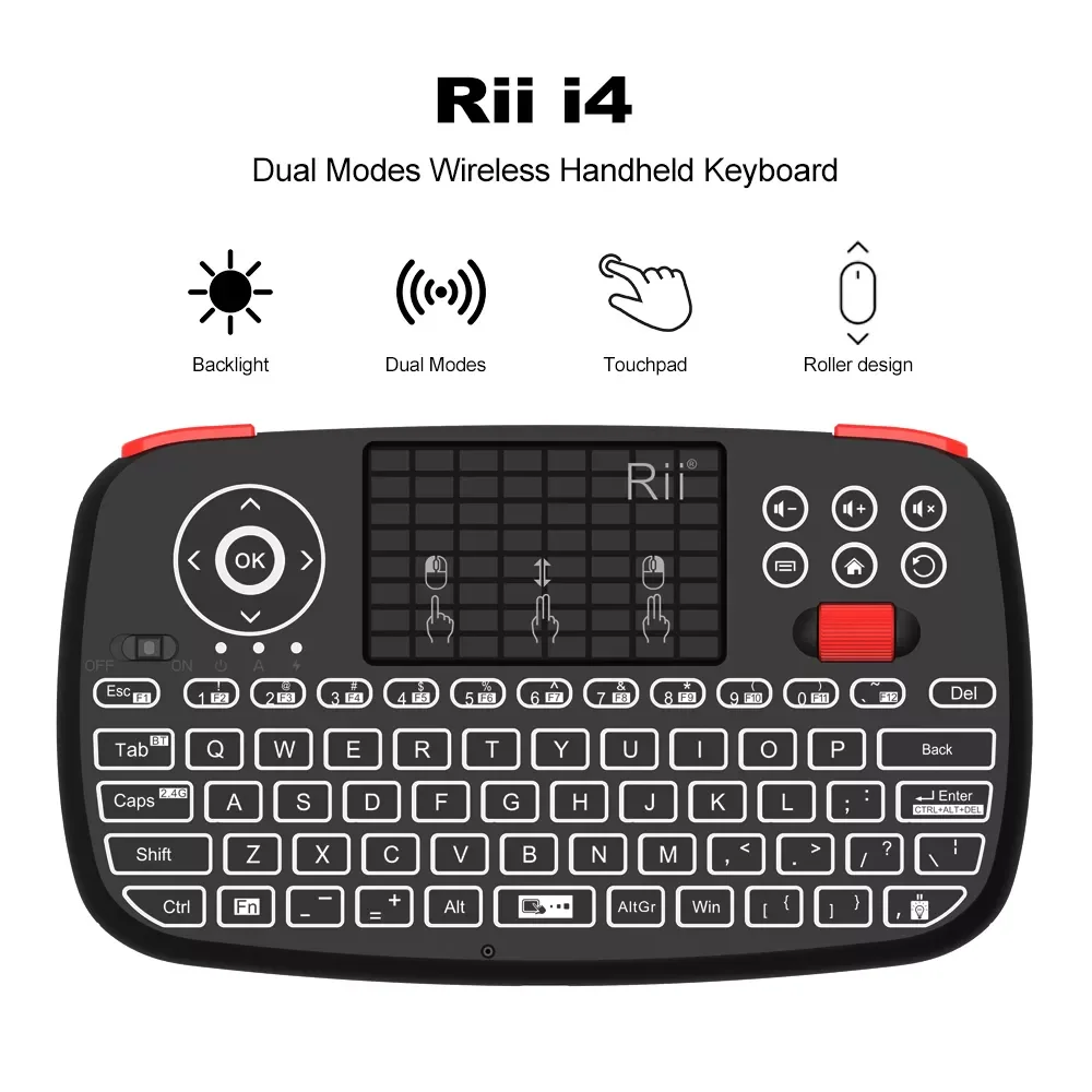 Rii i4 Mini Bluetooth Keyboard 2.4GHz Dual Modes Handheld Fingerboard Backlit Mouse Touchpad Remote Control For Windows Android
Rii i4 Mini Bluetooth Keyboard 2.4GHz Dual Modes Handheld Fingerboard Backlit Mouse Touchpad Remote Control For Windows Android
