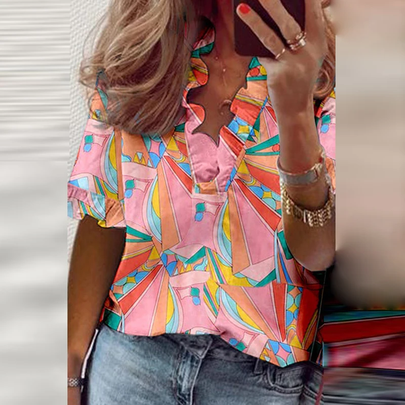Colorful Geometry Print Women Tops Blouse Spring Sexy Wave V Neck Ruffled Shirt Pullover Summer Short Sleeve Office Lady Blouses
Colorful Geometry Print Women Tops Blouse Spring Sexy Wave V Neck Ruffled Shirt Pullover Summer Short Sleeve Office Lady Blouses