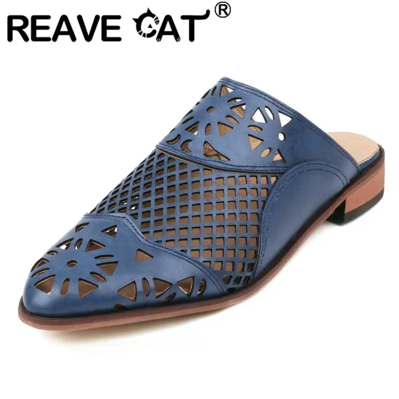 

REAVE CAT Ladies Outside Sandals Hollow Flats Slip On Mules Cave Style Roman Plus Size 46 47 48 Concise Soft Daily Women Shoes
