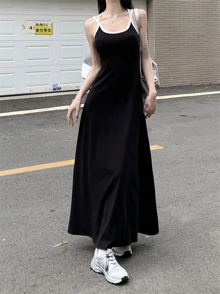 Платье женское без рукавов, пикантный серый сарафан на бретелях, Длинная черная юбка в пол, лето 
Платье женское без рукавов, пикантный серый сарафан на бретелях, Длинная черная юбка в пол, лето