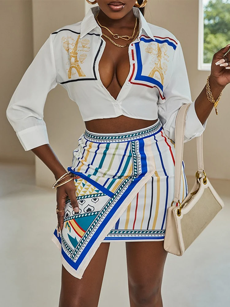 2022 AutumnTwo Piece Sets Womens Graphic Print Buttoned Shirt & Striped Asymmetrical Skirt Set Outifits Fashion Casual Elegant
2022 AutumnTwo Piece Sets Womens Graphic Print Buttoned Shirt & Striped Asymmetrical Skirt Set Outifits Fashion Casual Elegant