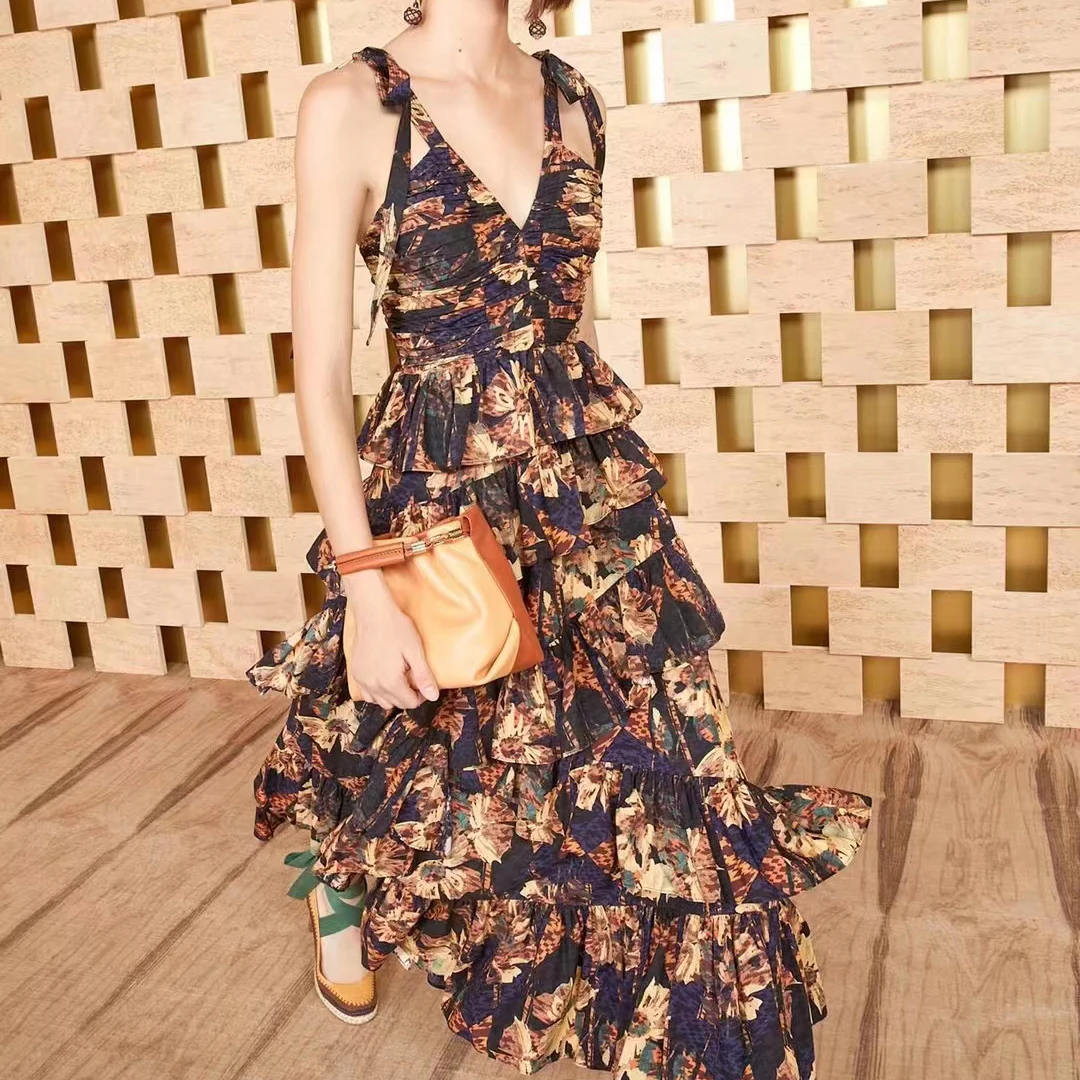 Vintage printed women's suspender dress high waist fashion lady midi dress
Vintage printed women's suspender dress high waist fashion lady midi dress