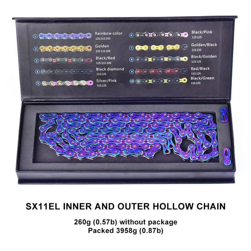 SUMC Rainbow Bicycle Chain Folding Mountain Road Bike Ariable Speed Chain Hollow MTB 9/10/11/12 Speed Magic Buckle Bicycle Parts
SUMC Rainbow Bicycle Chain Folding Mountain Road Bike Ariable Speed Chain Hollow MTB 9/10/11/12 Speed Magic Buckle Bicycle Parts