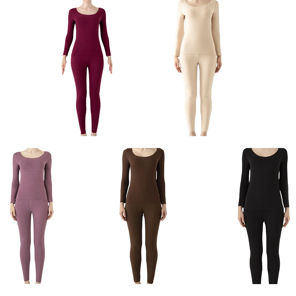 

Women Long Johns Solid Color Bottoming Underwear Set Cold Weather Thermal Baselayer Suit Scoop Neck Soft Clothing Wine Red