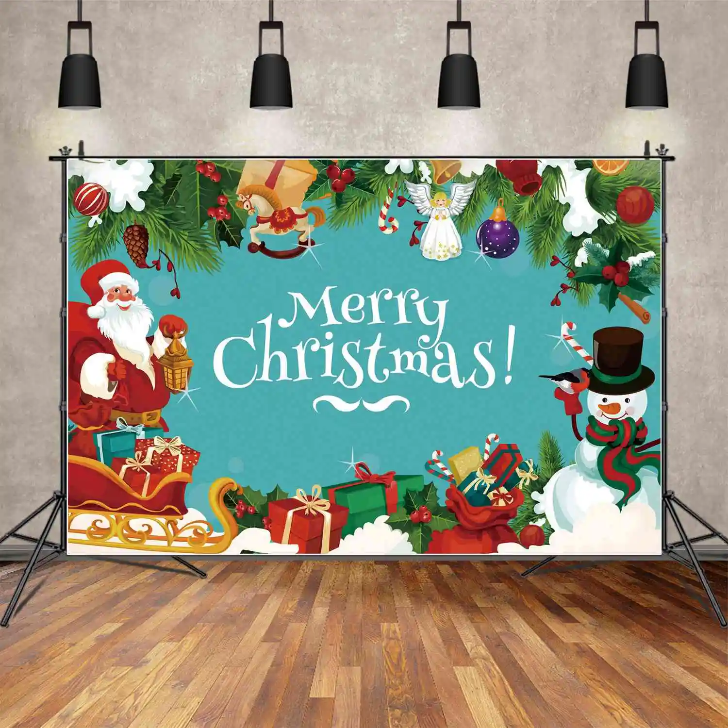 

MOON.QG Backdrop Merry Christmas Father Children Party Banner Background Angel Snowman Gift Hobbyhorse Crutch Photo Booth Props