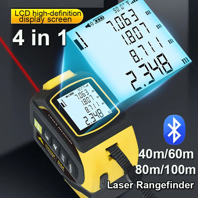 Лазерный дальномер 4 в 1, Bluetooth 5 м, стальная лента, дальномер 40 м/60 м/80 м/100 м, внутренний лазерный измерительный прибор, лазерная линейка
Лазерный дальномер 4 в 1, Bluetooth 5 м, стальная лента, дальномер 40 м/60 м/80 м/100 м, внутренний лазерный измерительный прибор, лазерная линейка