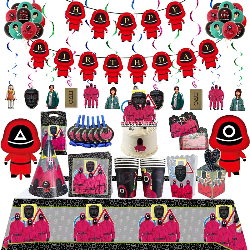 Настраиваемый бумажный тарелка для кальмара, воздушный шар, подвесной Вращающийся торт, флаг, фильм, игра, кальмар, тематическое украшение на день рождения, детский душ