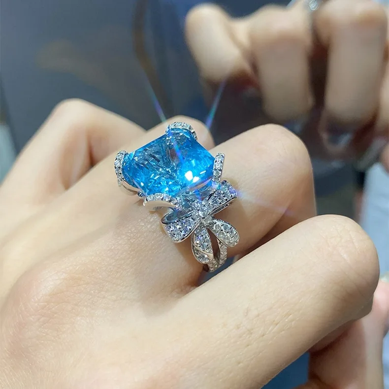 

Новый продукт, имитация лука из голубого топаза, открытое женское кольцо с бриллиантами