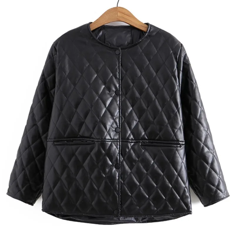

Quilted Leather Jacket Plus Size Women Clothing LOOSE O-Neck Padded Coat Autumn Winter Casual Fashion Long Sleeve Outewear