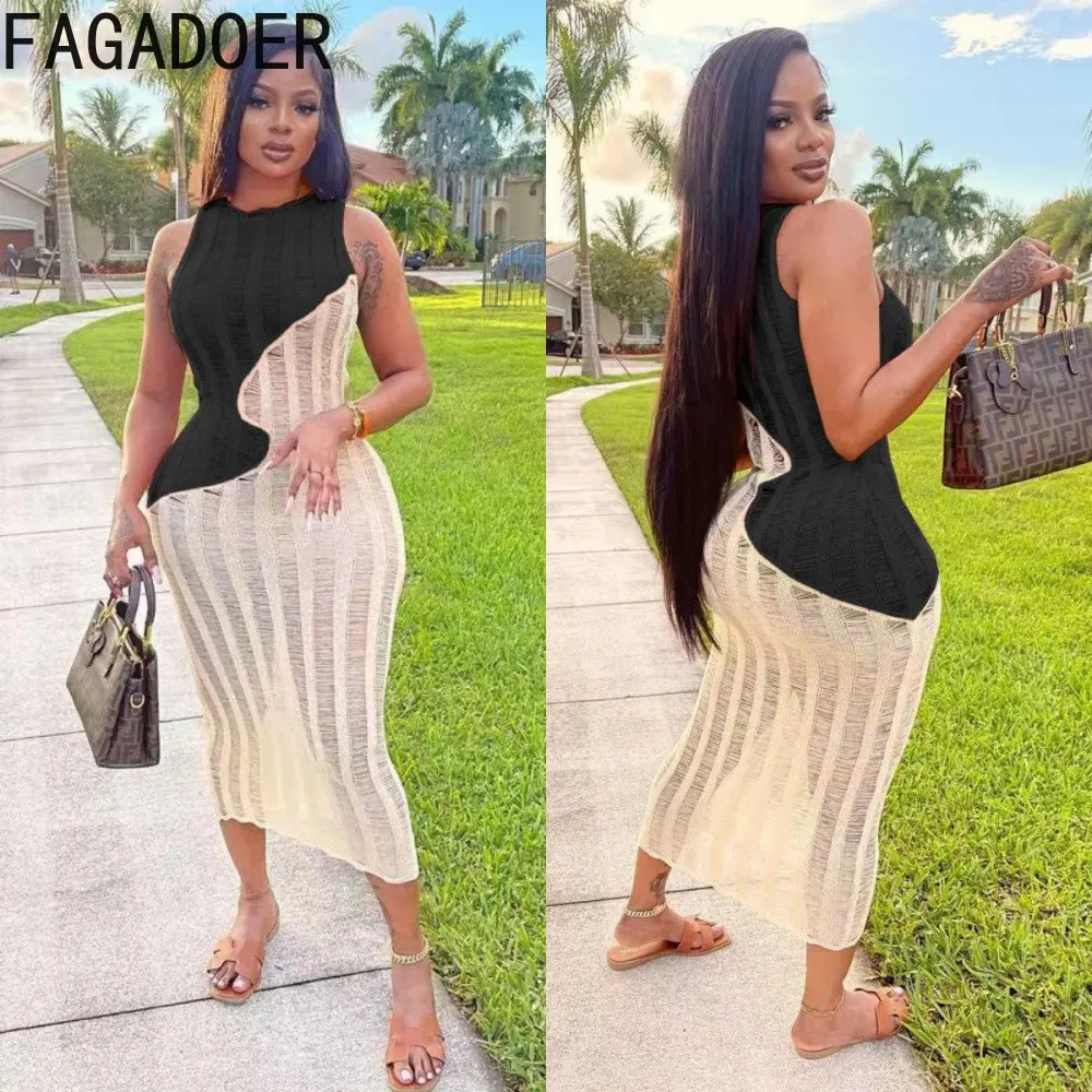 FAGADOER Sexy Knitting Hollow Patchwork Dress Women Round Neck Sleeveless Slim Mid Dress Casual Solid Color Party Beach Vestidos
FAGADOER Sexy Knitting Hollow Patchwork Dress Women Round Neck Sleeveless Slim Mid Dress Casual Solid Color Party Beach Vestidos