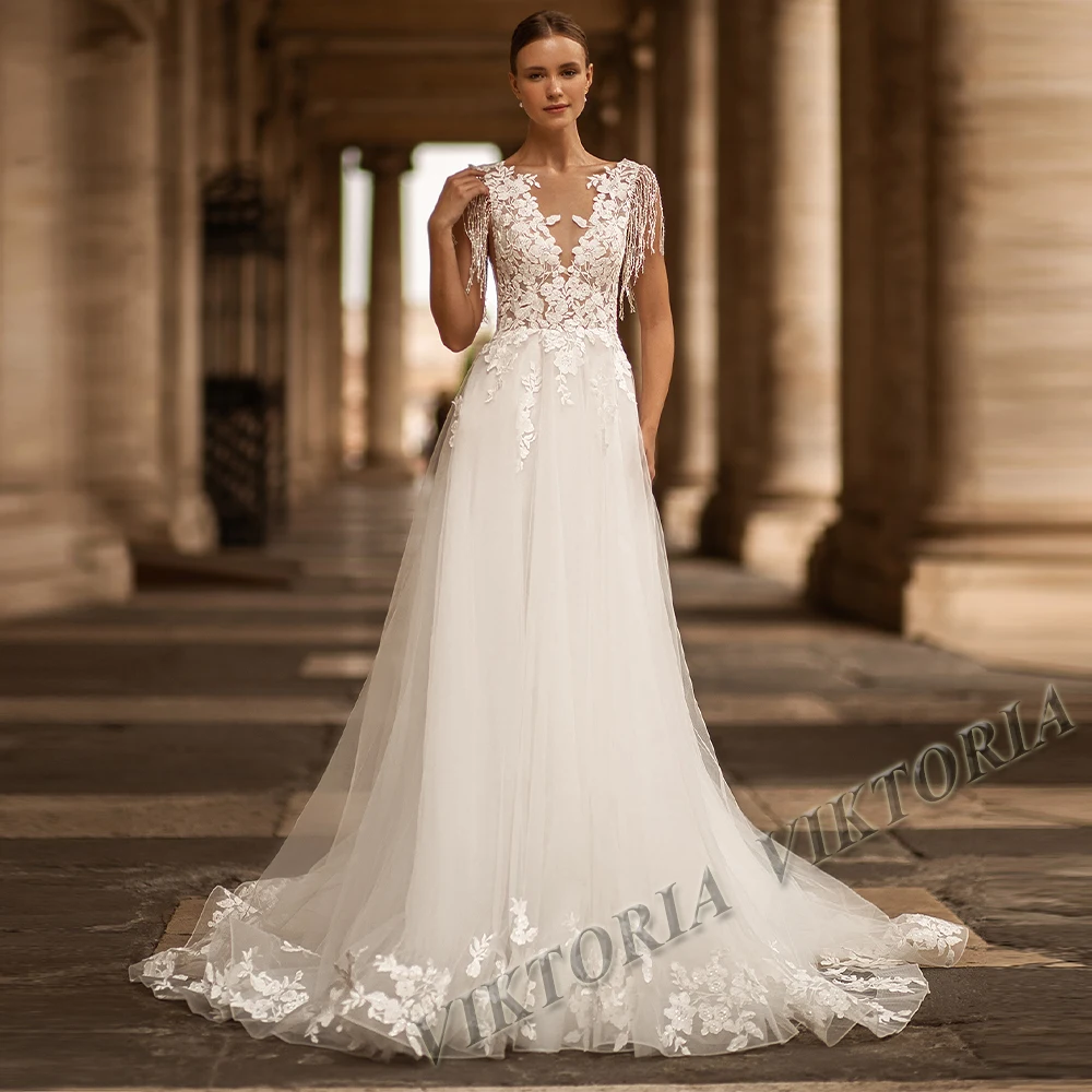 

VIKTORIA Charming Wedding Dress Backless Tassel Tank For Woman Marriage A-LINE Tulle Appliques Vestidos De Novia Custom Made