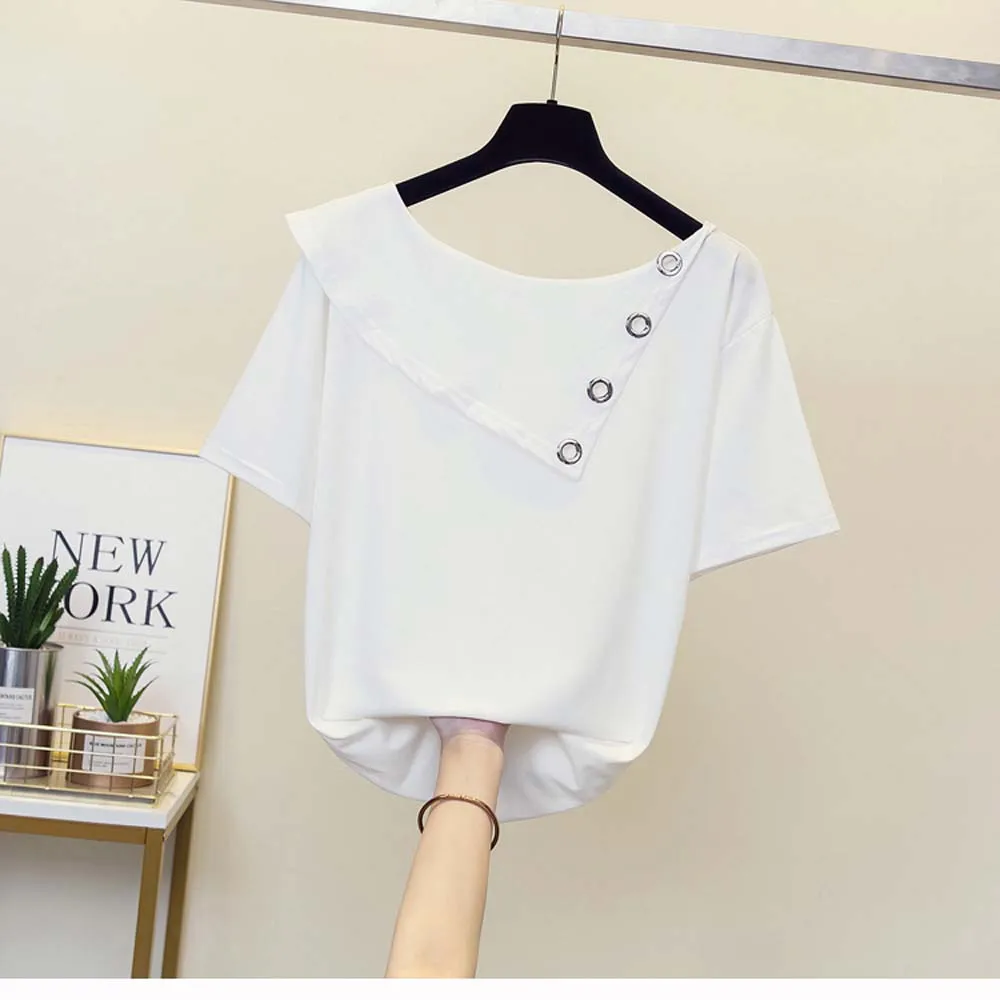 T-shirt White Loose Slim Irregular Collar Short-sleeved T-shirt Pullover Young College Clothing Ladies Top Summer 2022 Korean
T-shirt White Loose Slim Irregular Collar Short-sleeved T-shirt Pullover Young College Clothing Ladies Top Summer 2022 Korean