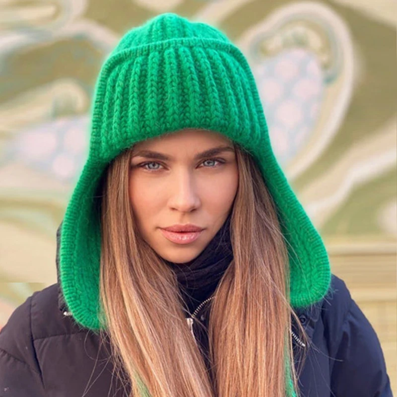 

Autumn Winter Ladies Knitted Hat Women Leisure Style Solid Color Flanging Tie Up Ear Protection Windproof Warm Cap Bomber Hats