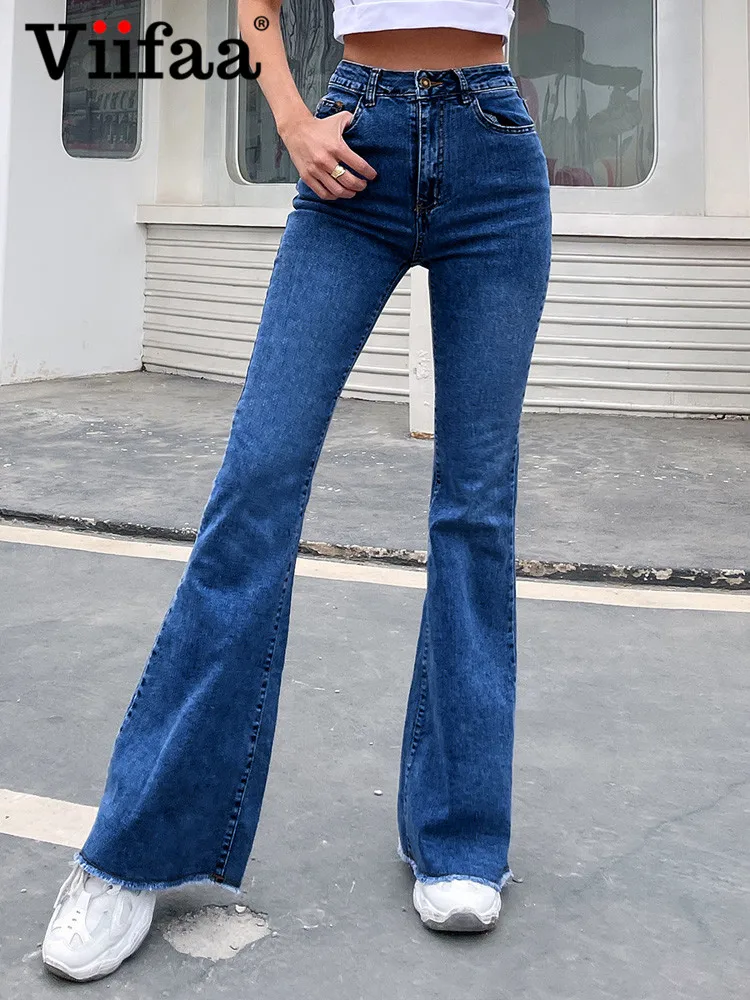 

Viifaa Blue Denim Jeans Frayed Hem Skinny Flare Pants Fashion Streetwear 2022 Women High Waist Slim Fit Going Out Jeans