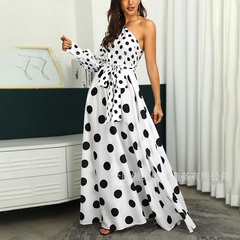 

2021 Leisure Polka Dot Print Long Long Skirt Feminine One-shoulder Long-sleeved Dress Summer Elegant Party Asymmetrical Dress