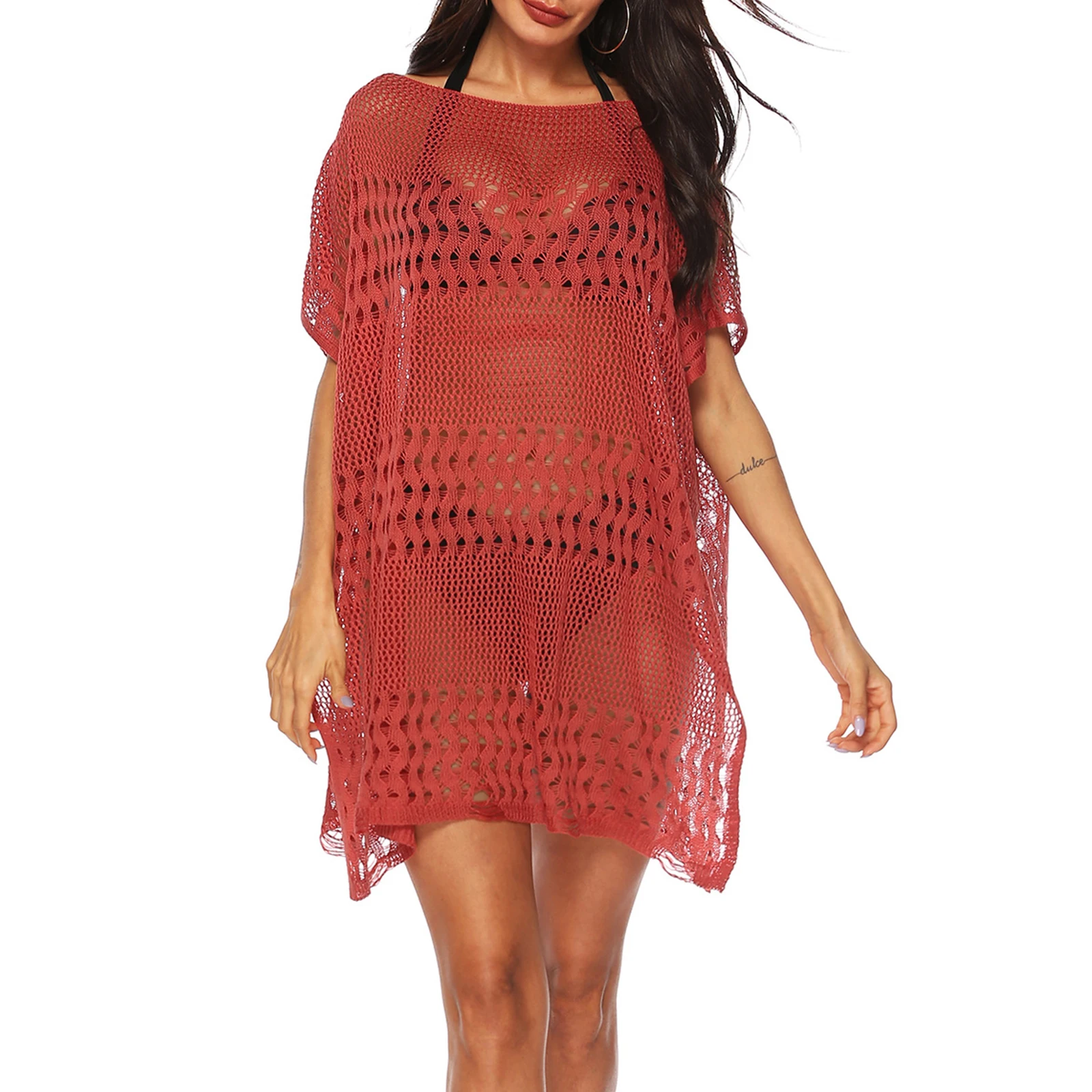 

Women Cover-up Fishnet Crochet Knitted Dress Short Sleeve Crew Neck See-through Hollowed Loose Summer Beach Dress