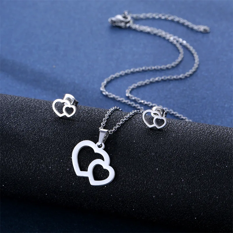 Stainless Steel Silver Color Double Heart Pendant Chain Necklace Stud Earring for Women Party Birthday Fashion Jewelry Set Gift 
Stainless Steel Silver Color Double Heart Pendant Chain Necklace Stud Earring for Women Party Birthday Fashion Jewelry Set Gift