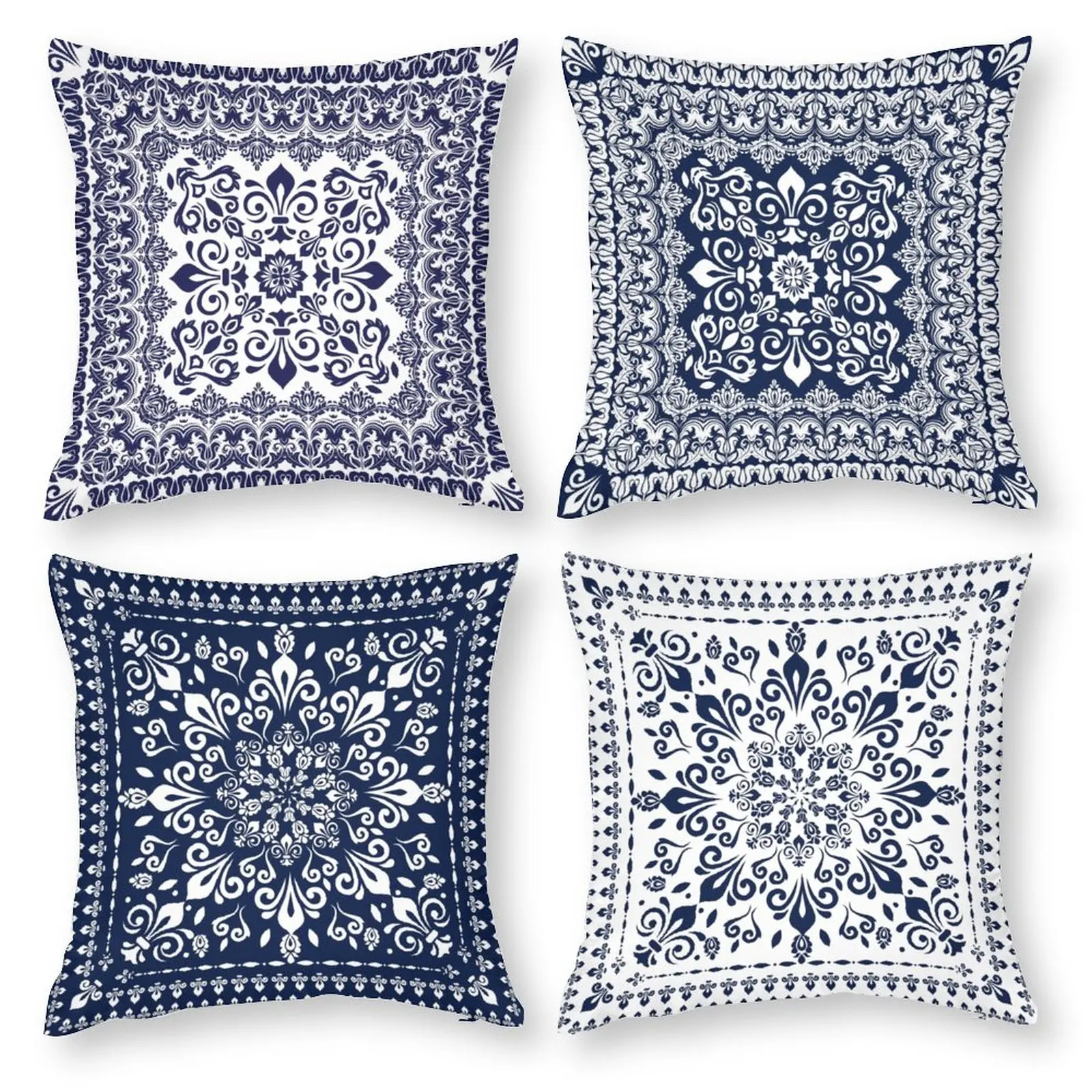 

4PCS Throw Pillow Cover 18x18 Inch Oriental Damask Blue on White Polyester New Square Slipover Double-Sided Printing Pillowcase