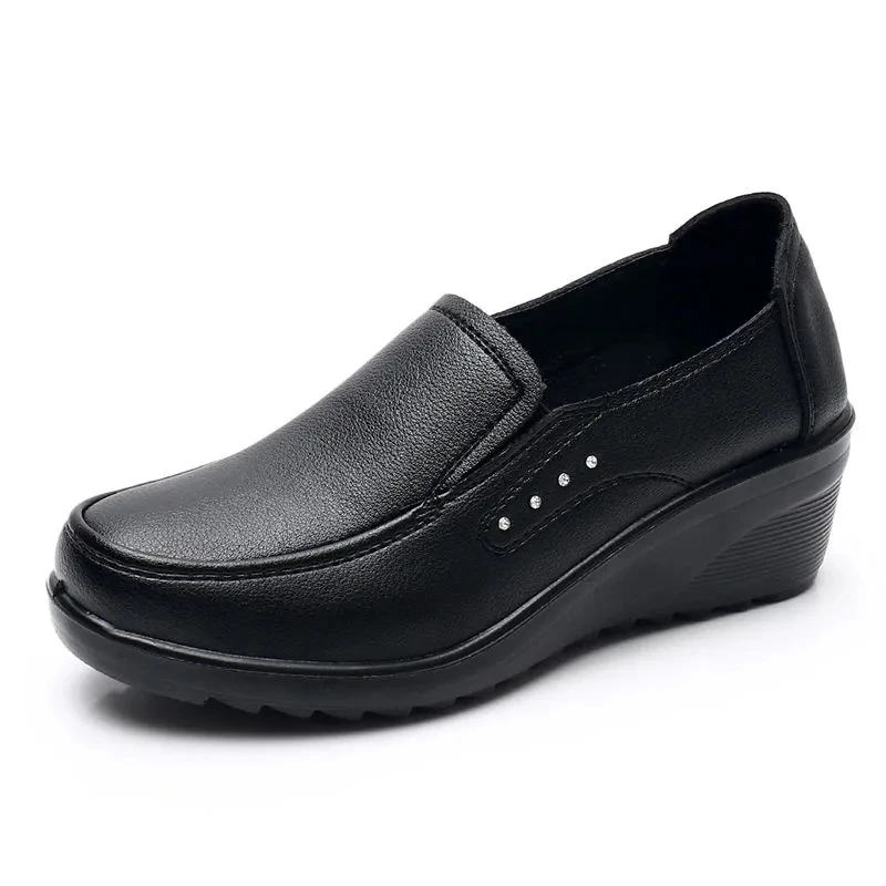 

Moccasins Woman Leather Flats Casual Slip on Wedges Loafers Mom Spring Wedge Shoes Height Increasing Ladies Black Moccasin