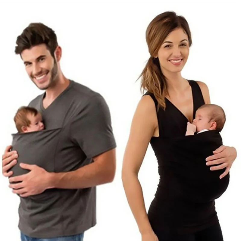 

T Shirt Baby Carrier Safety Kangaroo Pocket Pregnancy Clothes Summer Solid Short Sleeve Mother Father Top for Feeding