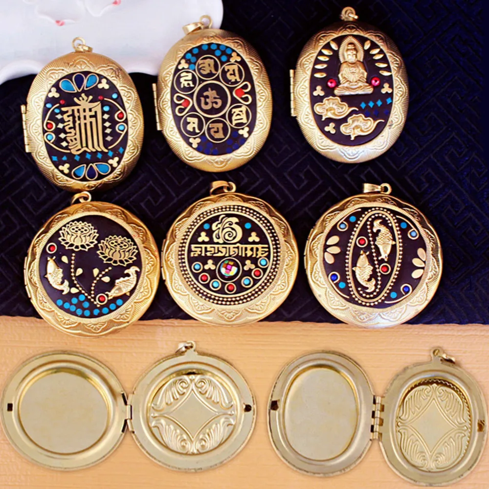 

Round/Oval Brass Locket Pendant Handmade Inlaid Can Put Photos/ Small pills/Coins Ethnic style Necklace Pendant Jewelry charms