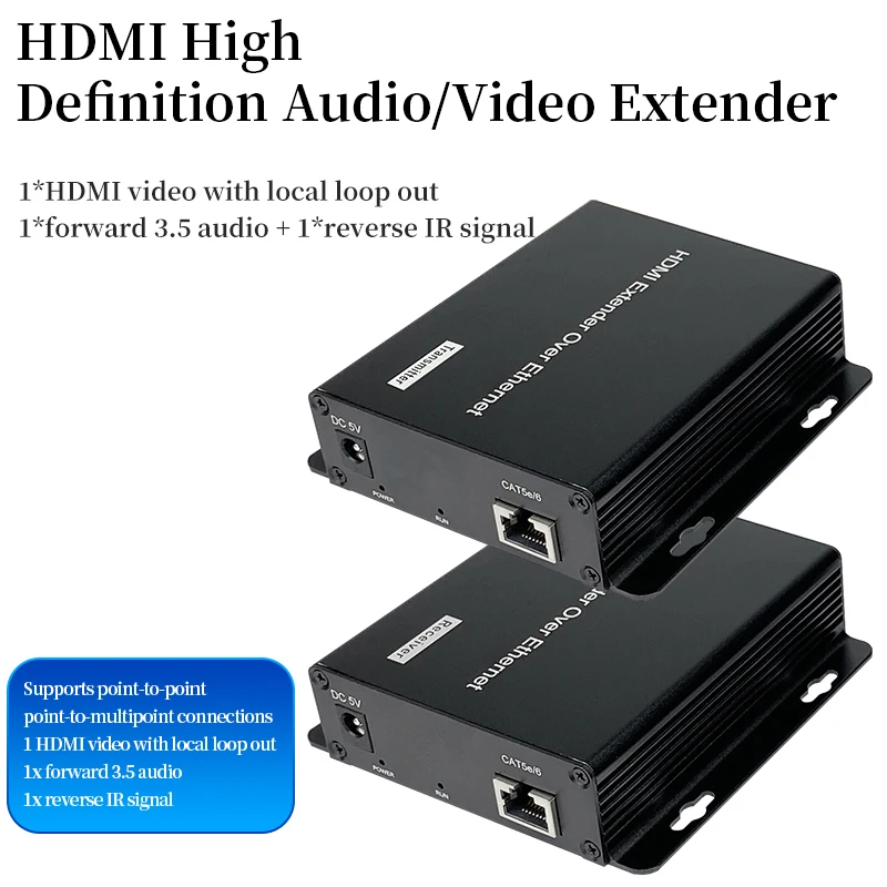 HDMI Network Extender 200 meters HDMI to RJ45 One to Many IR Extension with Local Loop Out Transmit + Receive
HDMI Network Extender 200 meters HDMI to RJ45 One to Many IR Extension with Local Loop Out Transmit + Receive