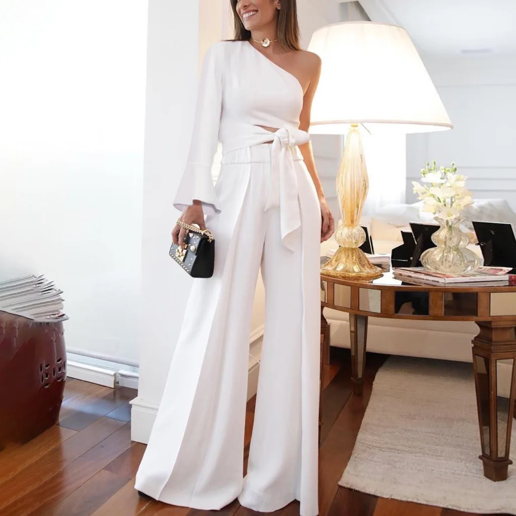 One-shoulder sleeve lace-up jumpsuit two-piece white sexy temperament women's clothes pants
One-shoulder sleeve lace-up jumpsuit two-piece white sexy temperament women's clothes pants