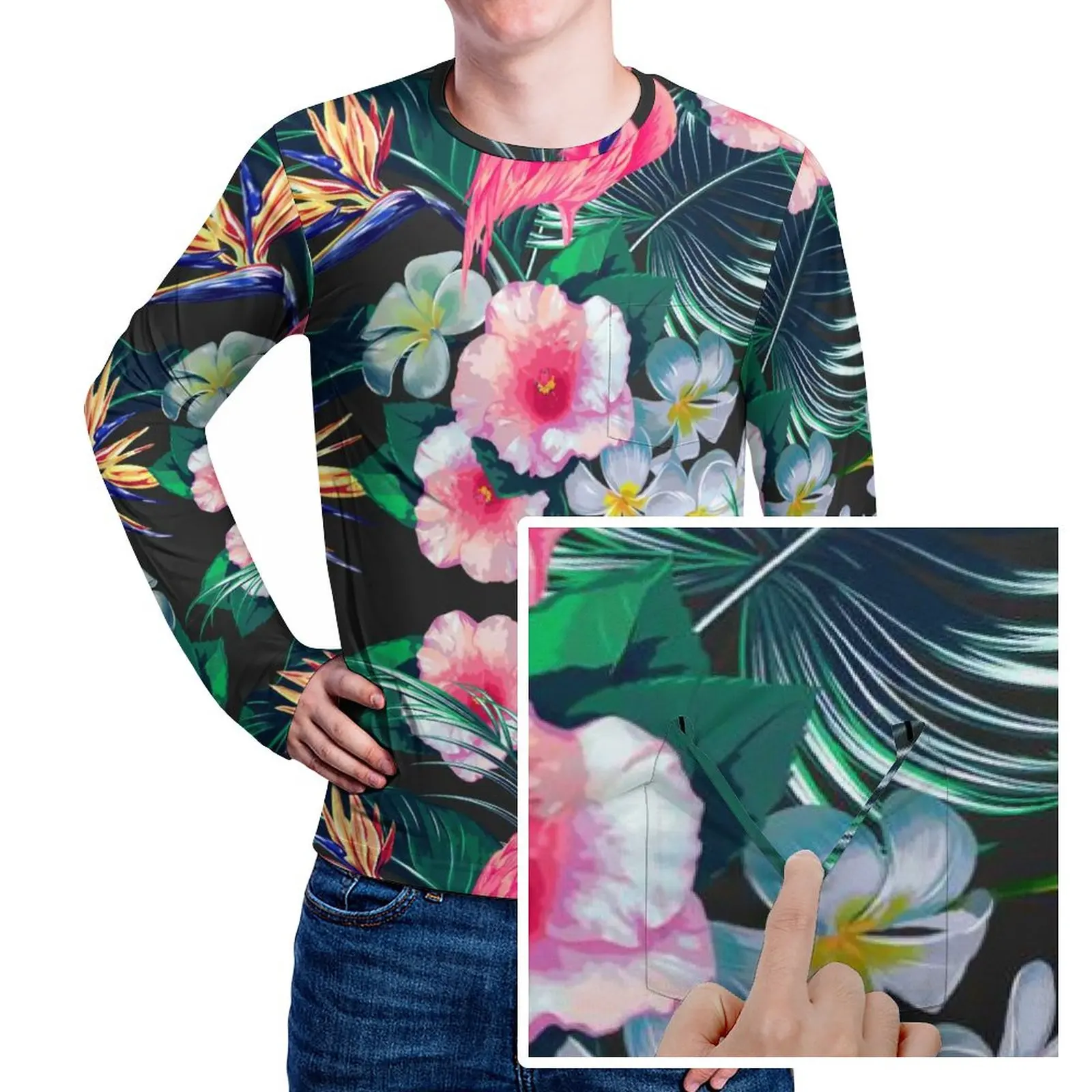 

Forest Palm Leaves Loose T Shirt Floral and Flamingo Print Men Hip Hop T Shirts Design Tees Long Sleeve Funny Big Size Gift