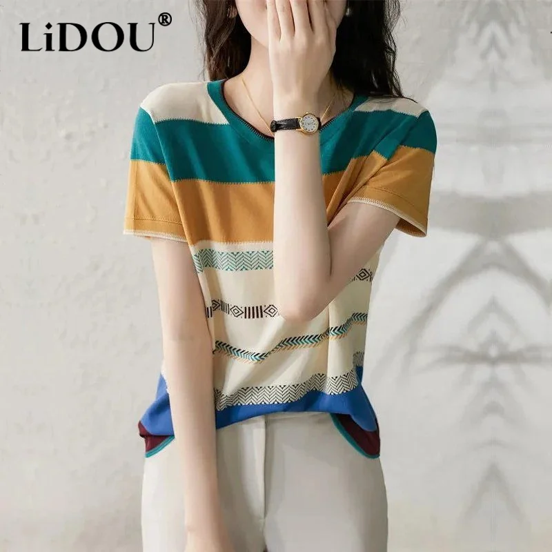 2023 Spring Summer Short Sleeve O Neck Pullover Loose Office Lady Print Striped Knitting Popularity Fashion T-shirts for Women
2023 Spring Summer Short Sleeve O Neck Pullover Loose Office Lady Print Striped Knitting Popularity Fashion T-shirts for Women