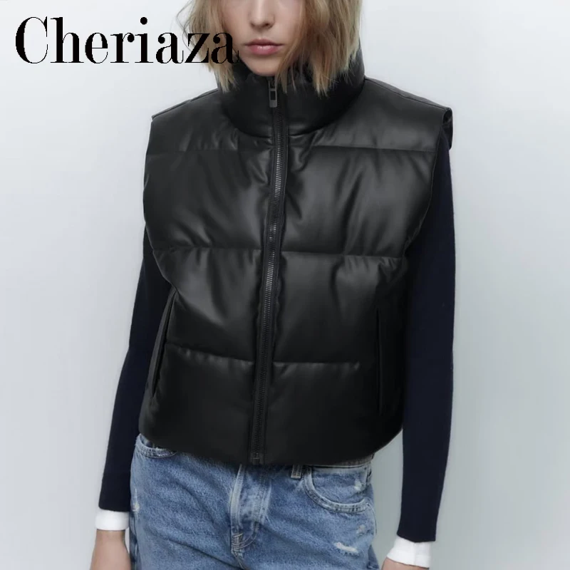 Cheriaza Winter Woman Black Imitation Leather Sleeveless Waistcoat Warm Stand Collar Zip Padded Clothes Pocket Cotton Tank Top
Cheriaza Winter Woman Black Imitation Leather Sleeveless Waistcoat Warm Stand Collar Zip Padded Clothes Pocket Cotton Tank Top