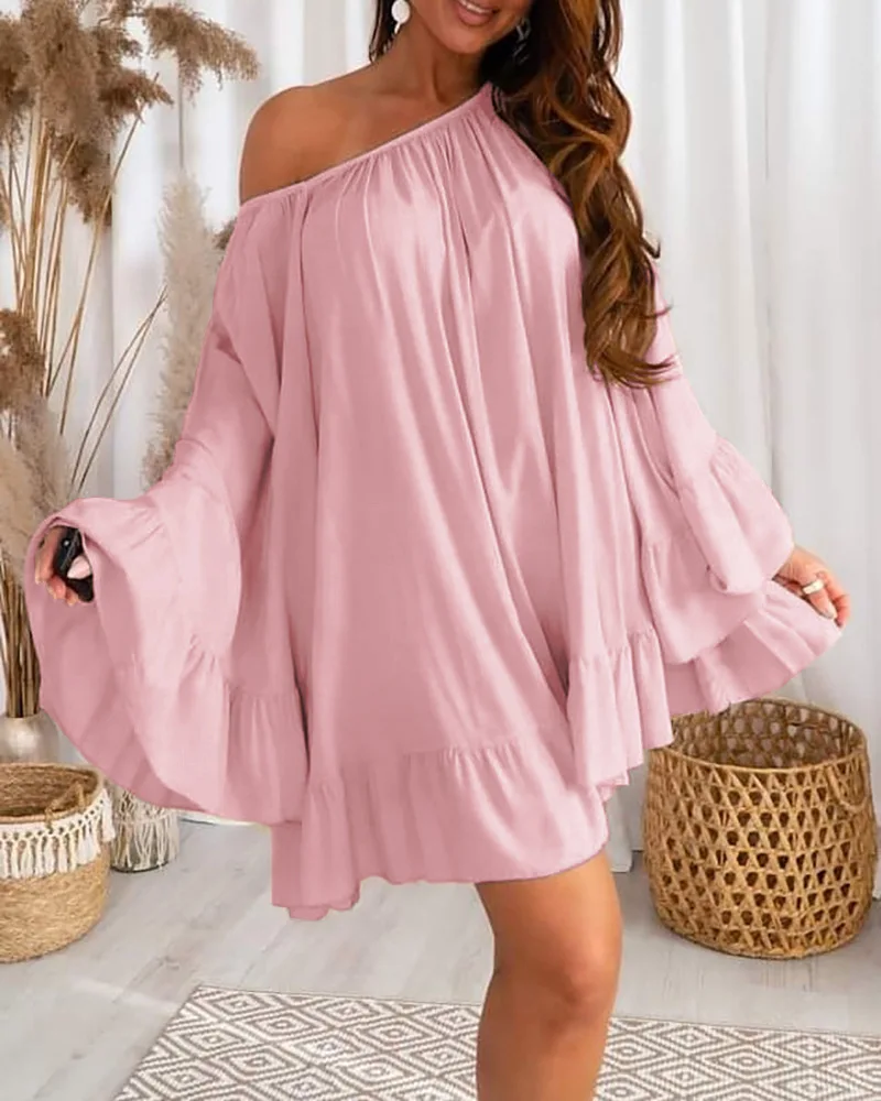 women dress Loose Solid Color High Waist Mini Dress Spring Full Flare Sleeve Ruffle Hem Casual Women Slash Neck Summer Party
women dress Loose Solid Color High Waist Mini Dress Spring Full Flare Sleeve Ruffle Hem Casual Women Slash Neck Summer Party