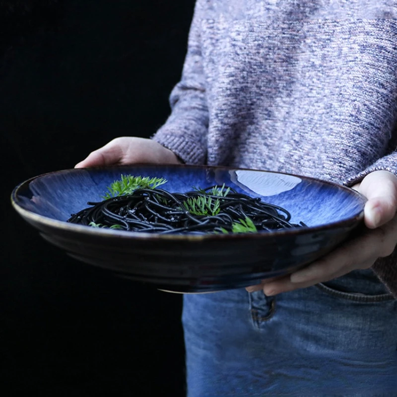 

Японская керамическая миска для лапши, большие тарелки для супа, креативная фарфоровая посуда синего цвета, блюдо для салата, кухонная посу...