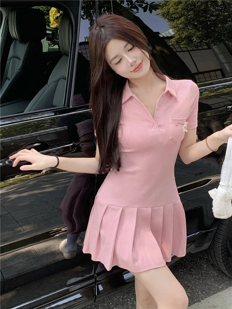 Zoki Sexy Slim Women Pleated Dress Korean Sweet Short Sleeve Pink Dress Summer Turn Down Collar Preppy Style Fashion Lady Dress
Zoki Sexy Slim Women Pleated Dress Korean Sweet Short Sleeve Pink Dress Summer Turn Down Collar Preppy Style Fashion Lady Dress
