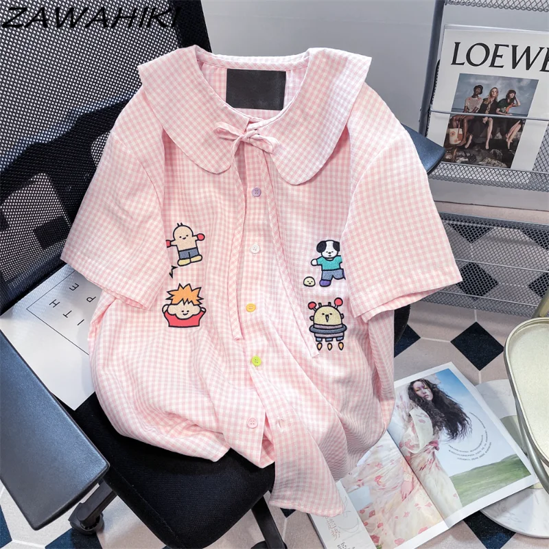 Pink Japanese Sweet Cute Peter Pan Collar Laceup Plaid Short Sleeve Shirt Women Summer Cartoon Graphic Embroidery Kawaii Clothes 
Pink Japanese Sweet Cute Peter Pan Collar Laceup Plaid Short Sleeve Shirt Women Summer Cartoon Graphic Embroidery Kawaii Clothes