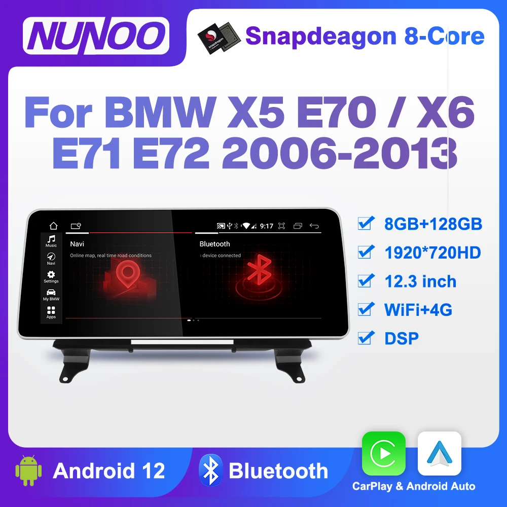 Nunoo 8+128GB Android Auto Wireless CarPlay For BMW X5 E70 / X6 E71 E72 2006-2013 Multiemdia player GPS Stereo 4G WiFi Head unit
Nunoo 8+128GB Android Auto Wireless CarPlay For BMW X5 E70 / X6 E71 E72 2006-2013 Multiemdia player GPS Stereo 4G WiFi Head unit