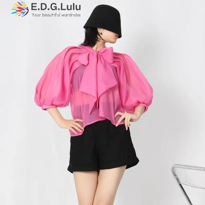 EDGLuLu Summer Women Stand Collar Lace-up See-through Chiffon Tops Casual Elegant Lantern Sleeve Tops T-shirts Loose Top 0618
EDGLuLu Summer Women Stand Collar Lace-up See-through Chiffon Tops Casual Elegant Lantern Sleeve Tops T-shirts Loose Top 0618